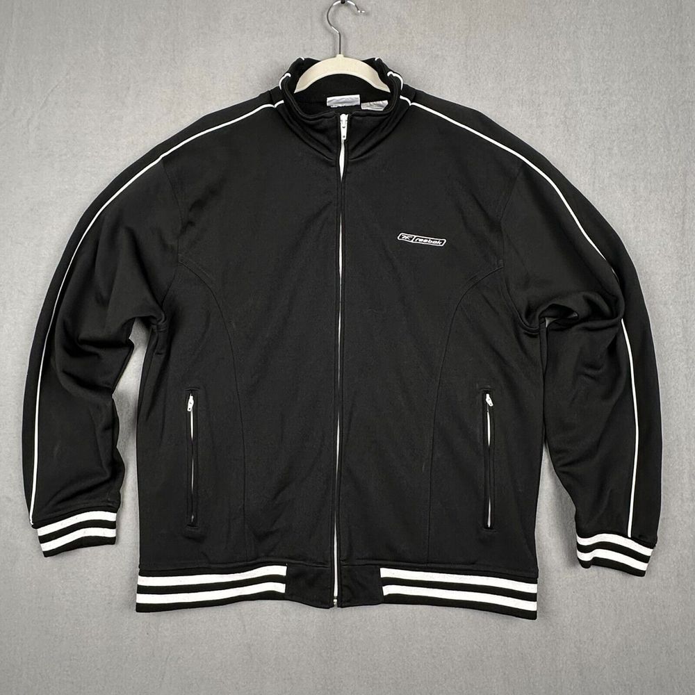 Vintage Y2K Reebok Jacket Men L Black Track Full Zip Warm Up Jersey Cuff Stripes